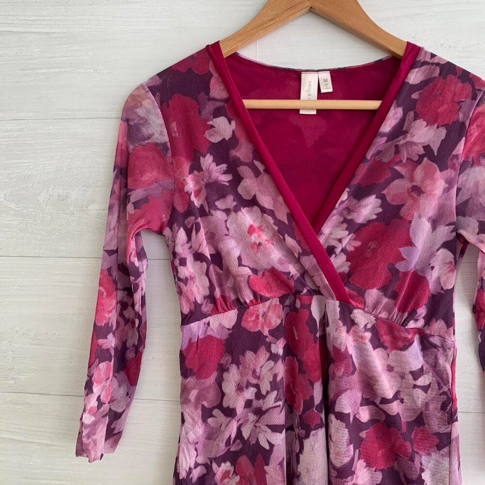 Daisy & Clover - Pink purple floral crossover top nylon mesh tunic, M - Picture 2 of 5
